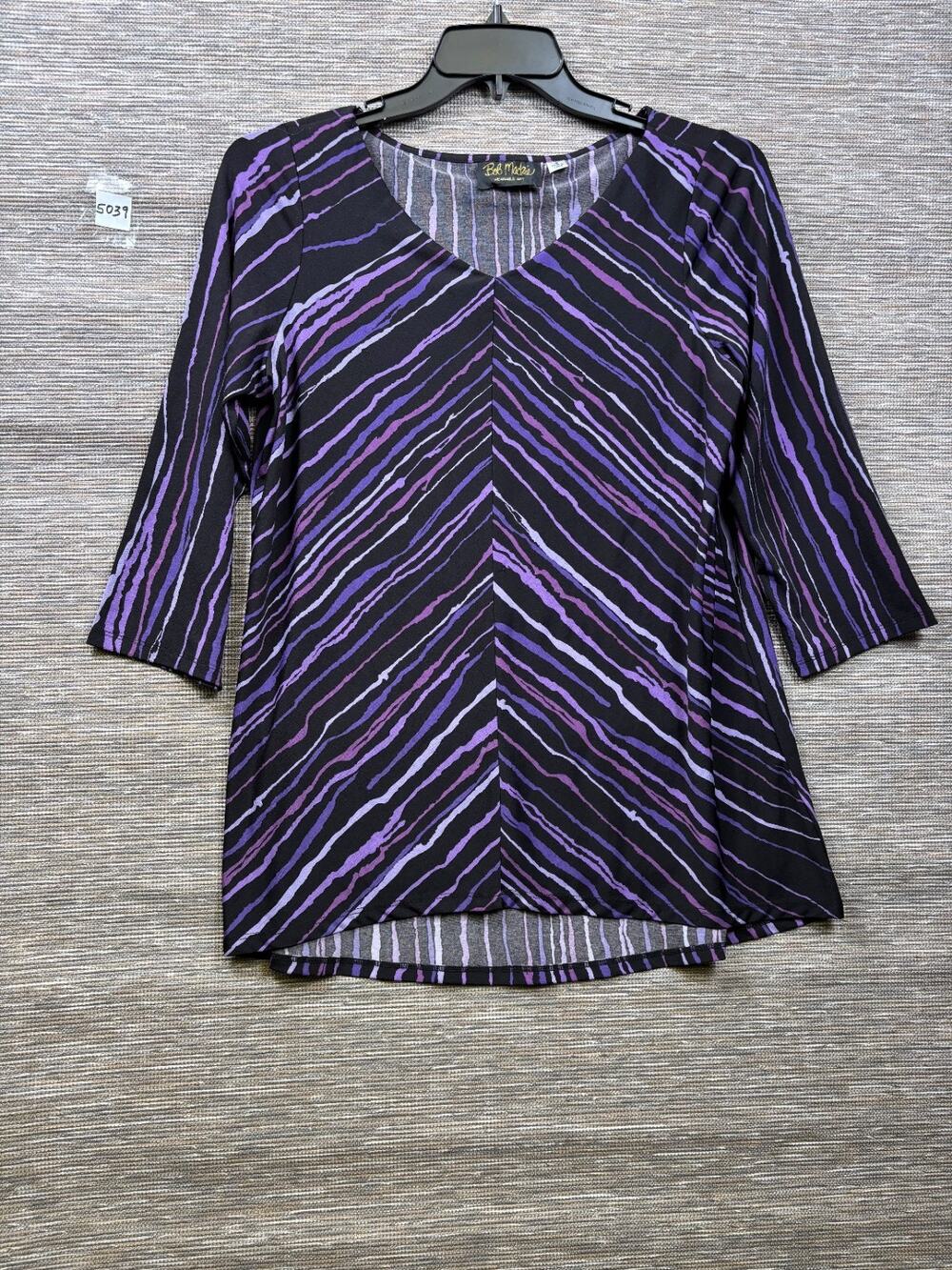 Bob Mackie Painterly Stripe V-Neck Top with Hi-Low Hem Sz S Purple Black A226903